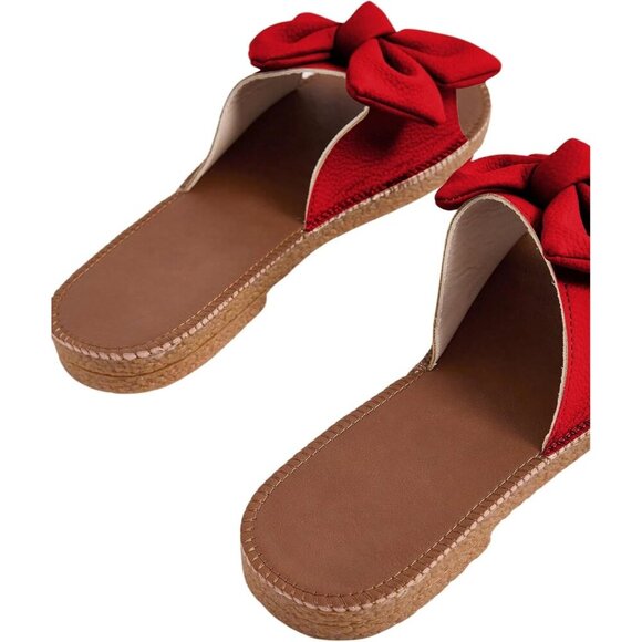 Women's Bow Red Knot Open Toe Leather Flat Slides Slippers Shoes - Picture 6 of 6